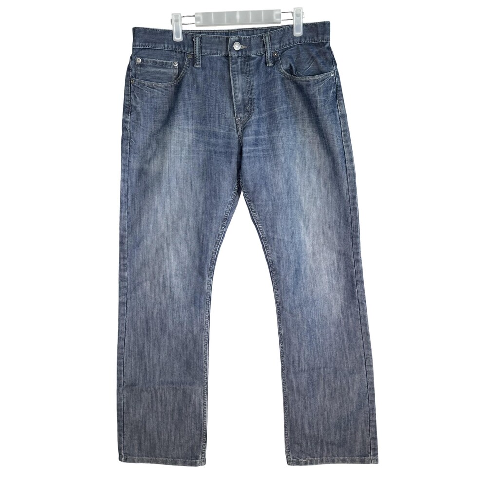 Levis 514 Jeans Mens 34x32 Blue Whiskered Straight Leg Denim Pants Worn Hem